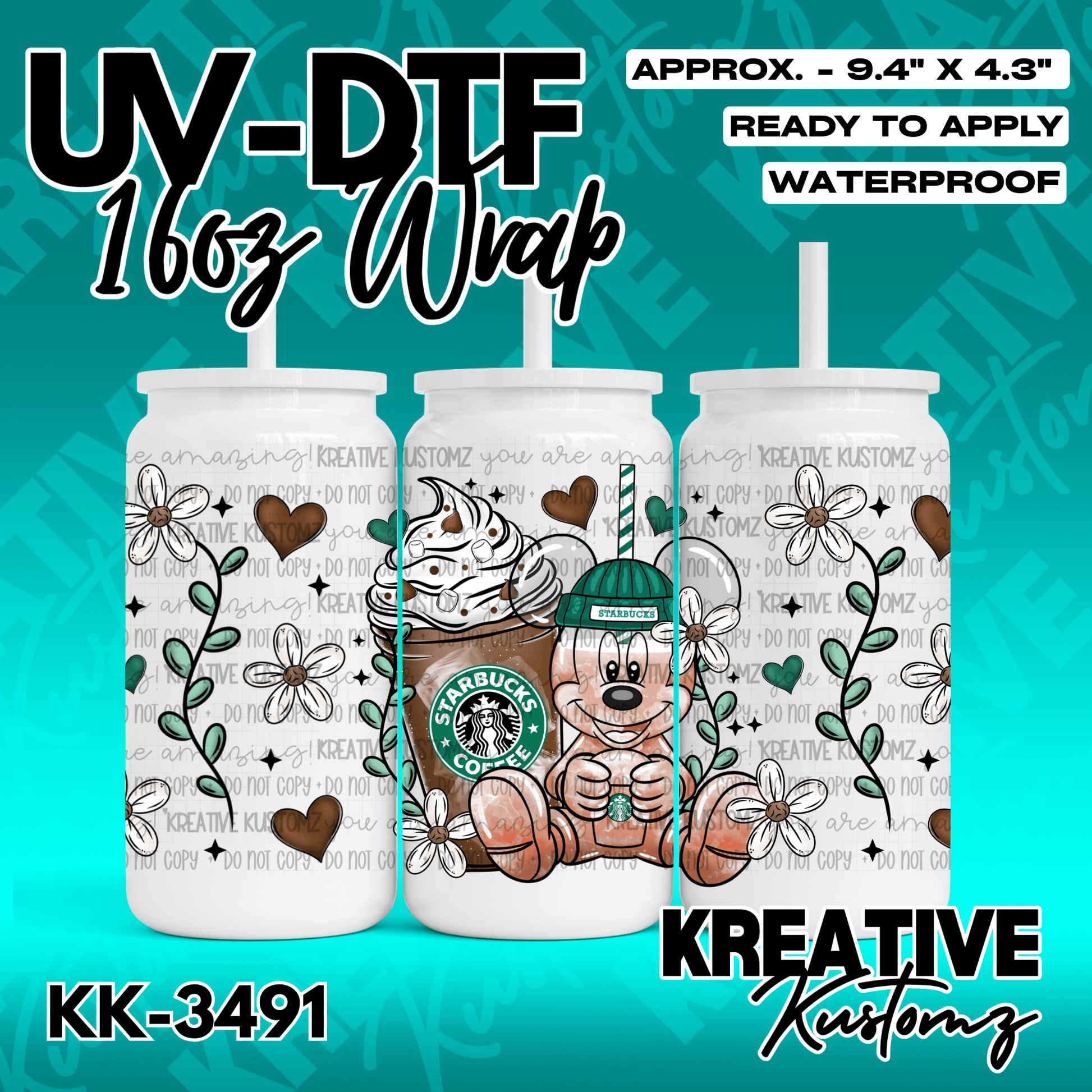 A UV DTF adhesive wrap for a 16oz glass can featuring a Mickey Mouse and Starbucks coffee design.