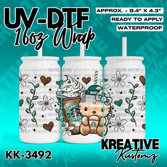 A UV DTF adhesive wrap for 16oz glass cans featuring a Hello Kitty coffee theme with floral accents.