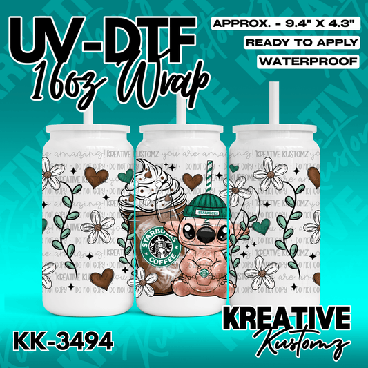 A UV DTF adhesive wrap for a 16oz glass can featuring Stitch, coffee, and floral designs.