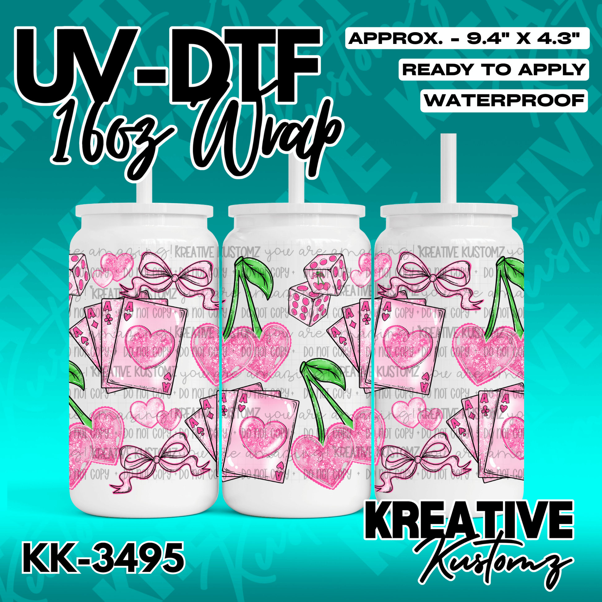 A UV DTF cup wrap featuring a pink pattern of hearts, playing cards, dice, and bows.