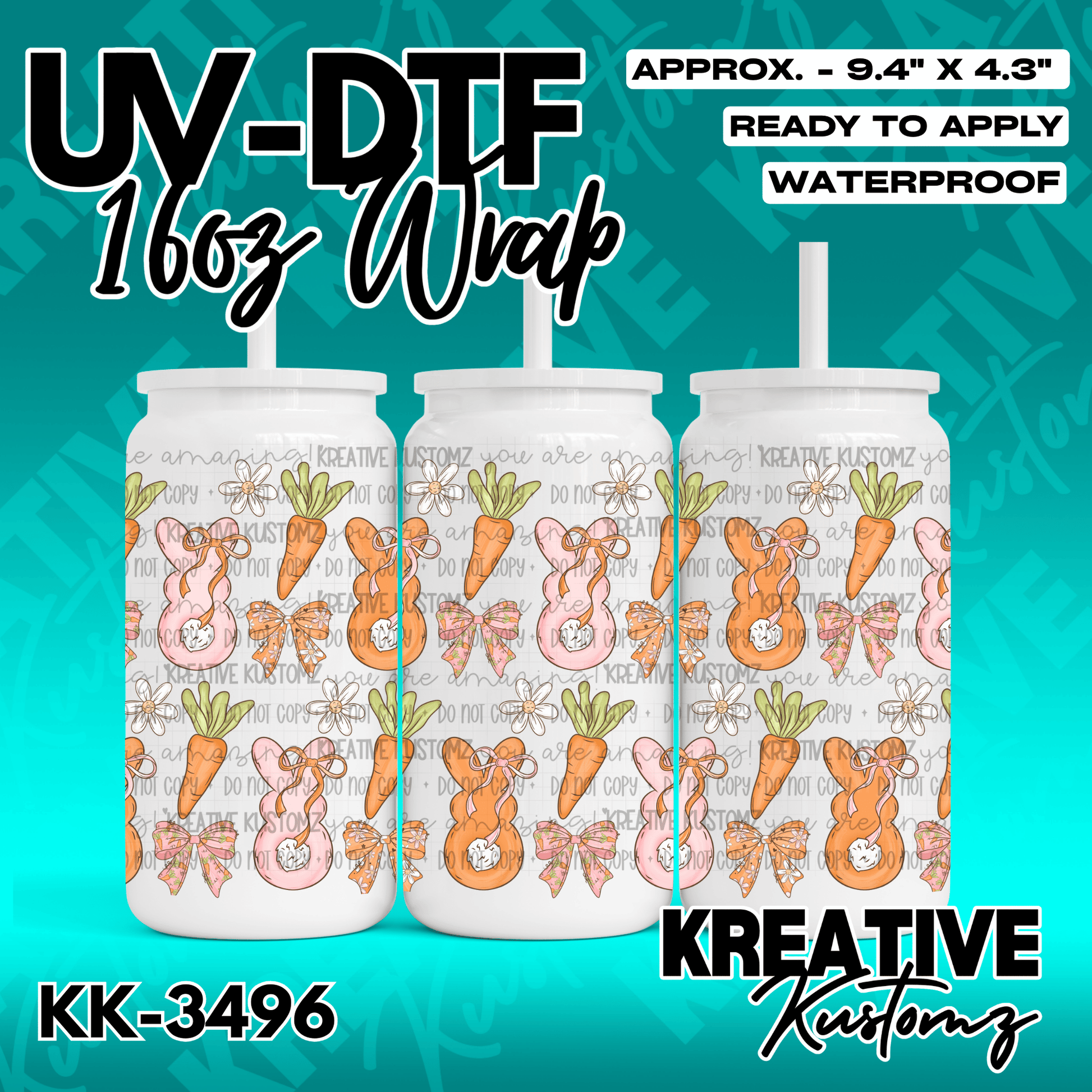 A UV DTF cup wrap featuring a repeating pattern of Easter bunnies, carrots, and bows.