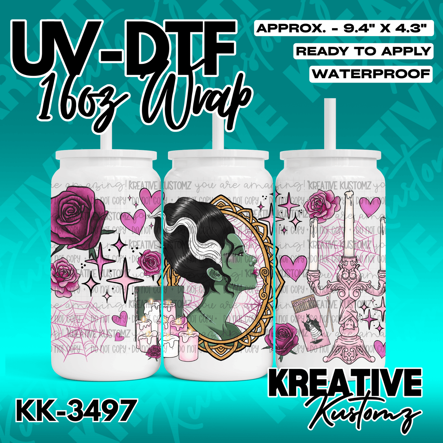 A UV DTF adhesive wrap for a 16oz glass can featuring a Bride of Frankenstein and rose design.