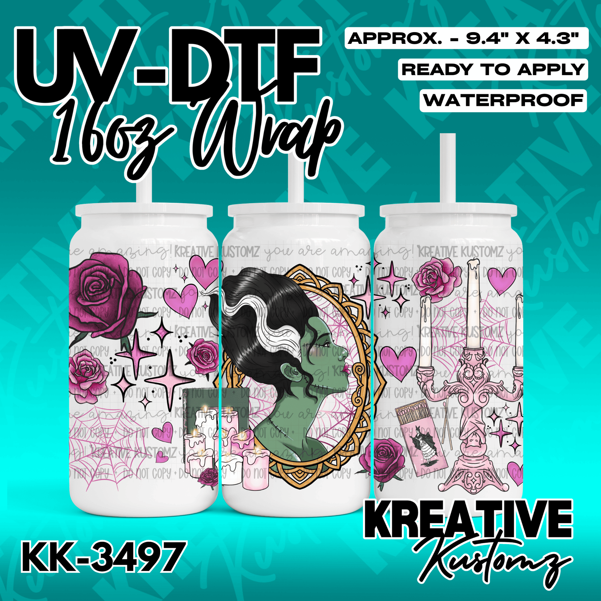 A UV DTF adhesive wrap for a 16oz glass can featuring a Bride of Frankenstein and rose design.