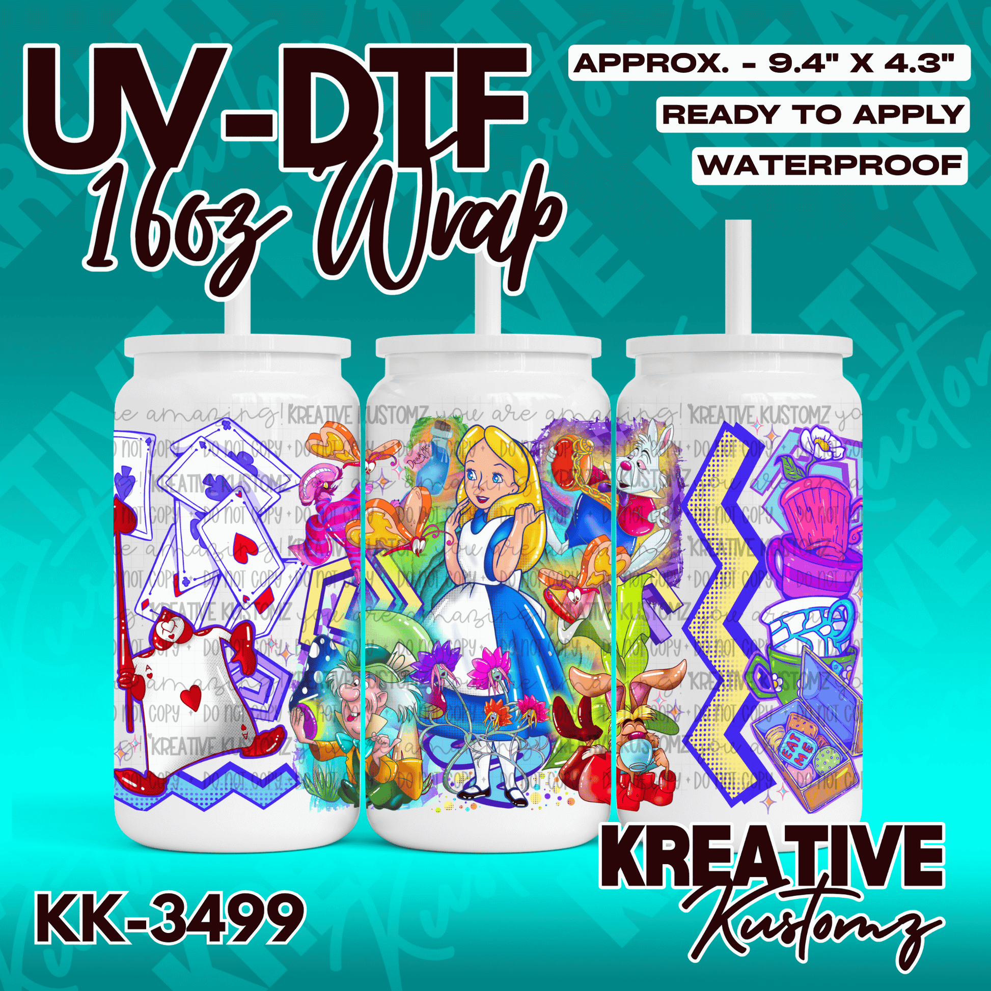 An Alice in Wonderland themed adhesive wrap for a 16 ounce glass can featuring colorful characters.
