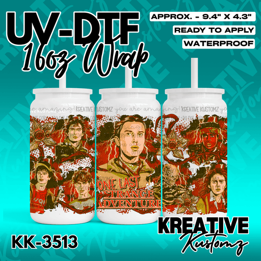 A Stranger Things themed UV DTF adhesive wrap for a 16oz glass can cup.