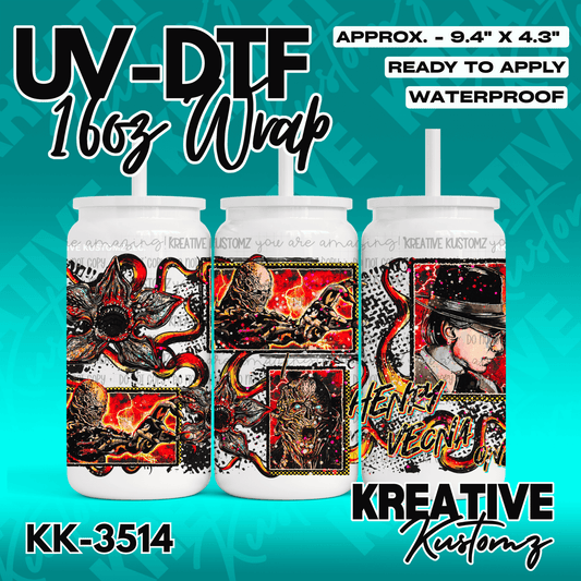 A Stranger Things themed UV DTF adhesive wrap for a 16oz glass can.