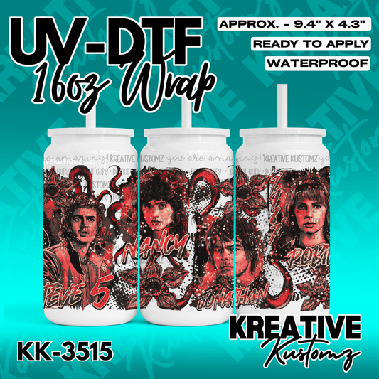 A UV DTF adhesive wrap for 16oz glass cans featuring Stranger Things character illustrations.