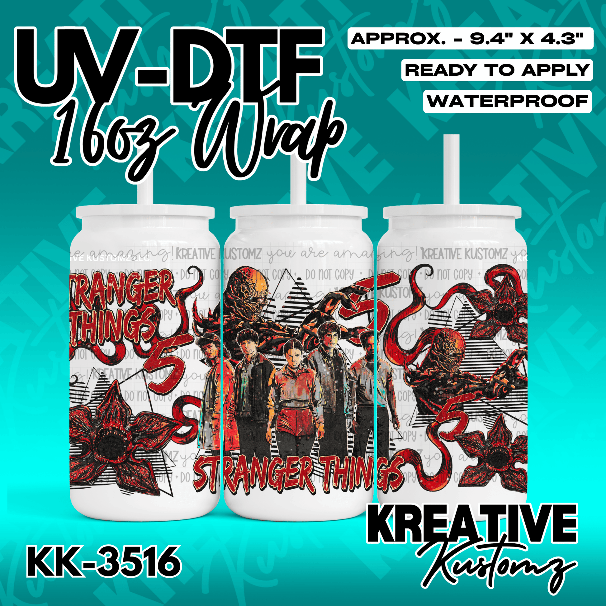 A Stranger Things themed UV DTF adhesive wrap for a 16oz glass cup featuring characters and monsters.