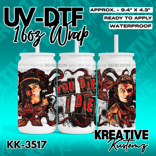 A Stranger Things themed UV DTF cup wrap featuring character portraits and a dark floral design.