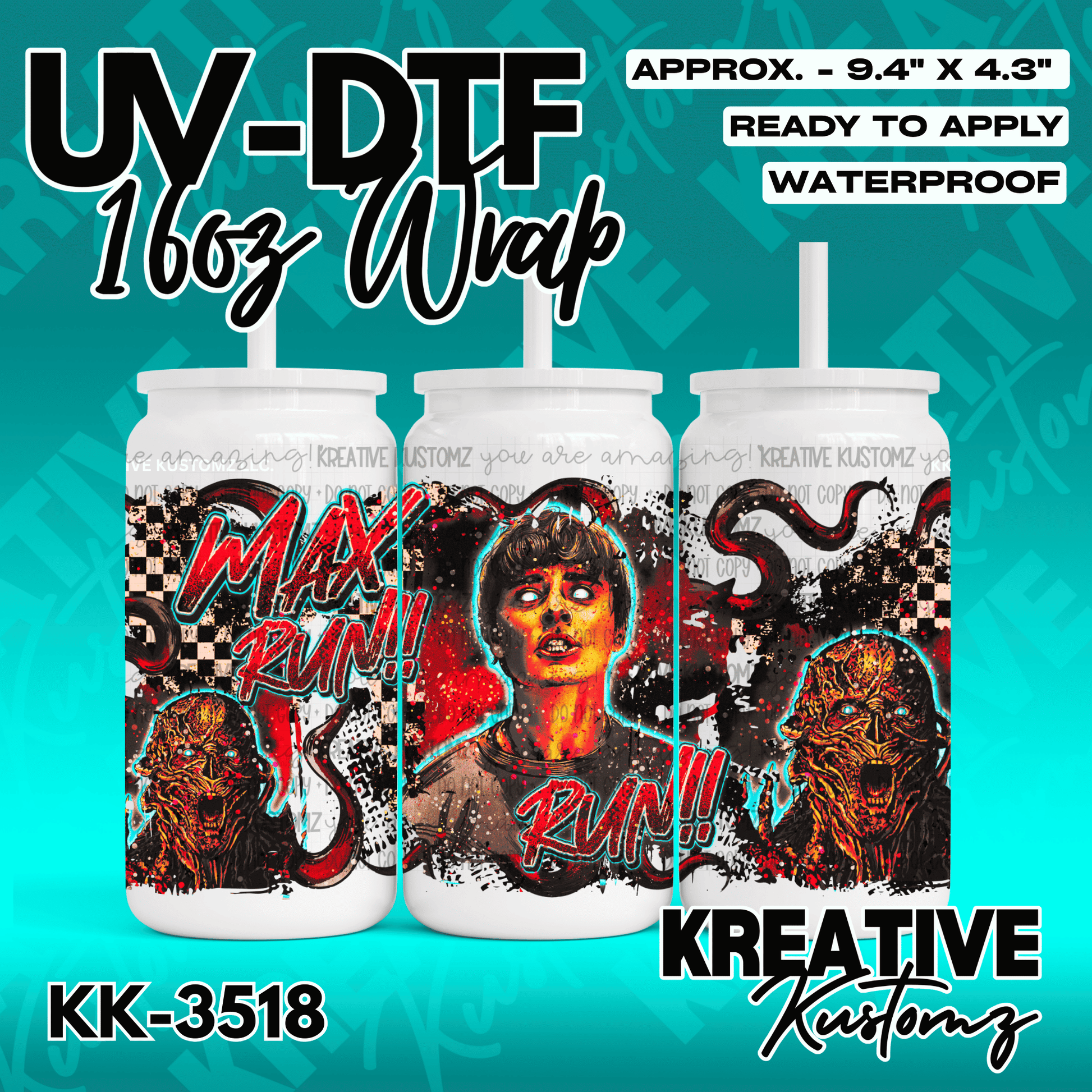 A Stranger Things themed UV DTF adhesive wrap for a 16oz glass cup featuring Vecna and Max.