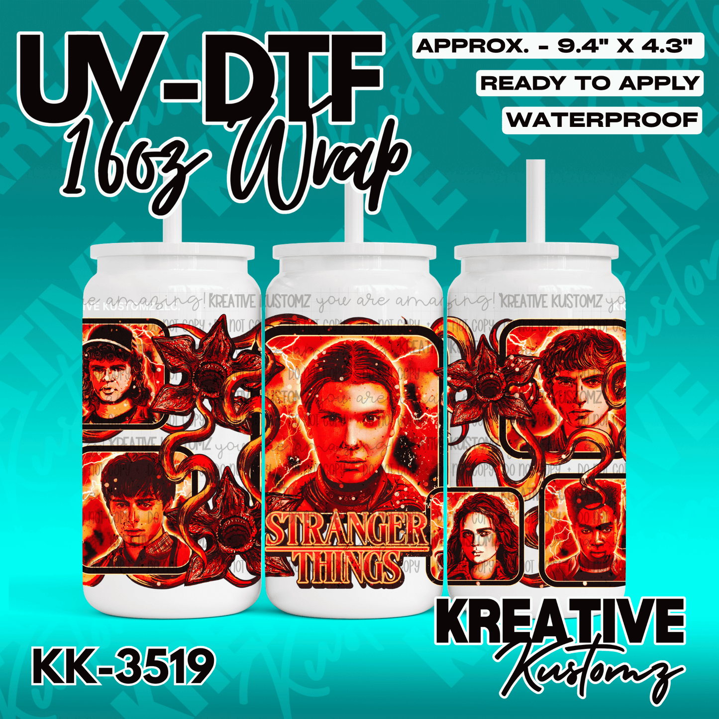 A Stranger Things themed UV DTF adhesive wrap for a 16oz glass cup featuring character portraits.