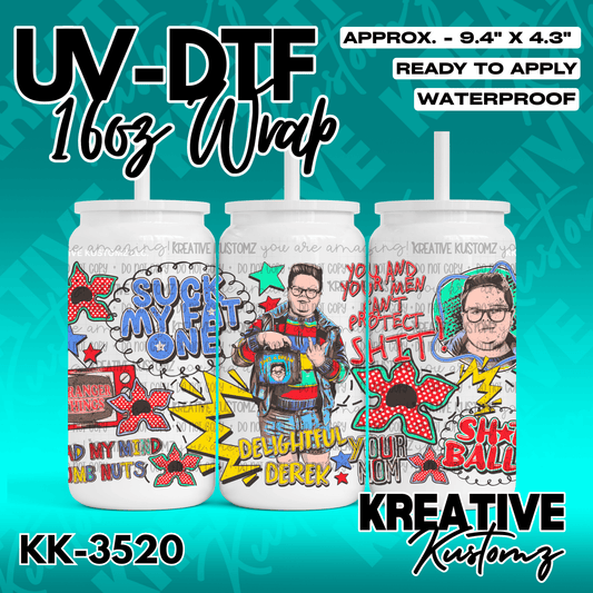 A vibrant UV DTF adhesive wrap for 16oz glass cans featuring Stranger Things themed graphics.