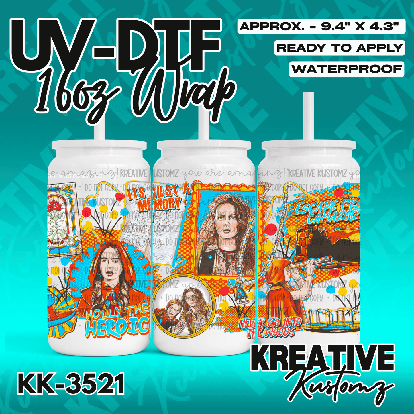 A colorful UV DTF adhesive wrap for 16oz glass cans featuring a collage of movie-themed illustrations.