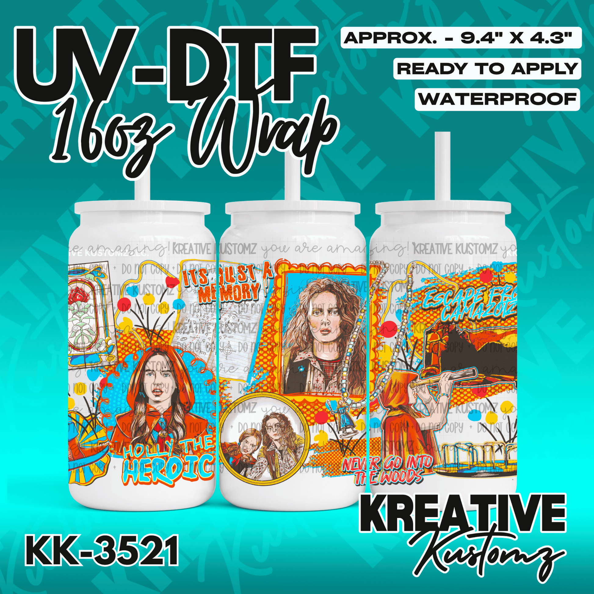 A colorful UV DTF adhesive wrap for 16oz glass cans featuring a collage of movie-themed illustrations.