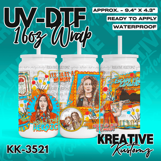 A colorful UV DTF adhesive wrap for 16oz glass cans featuring a collage of movie-themed illustrations.