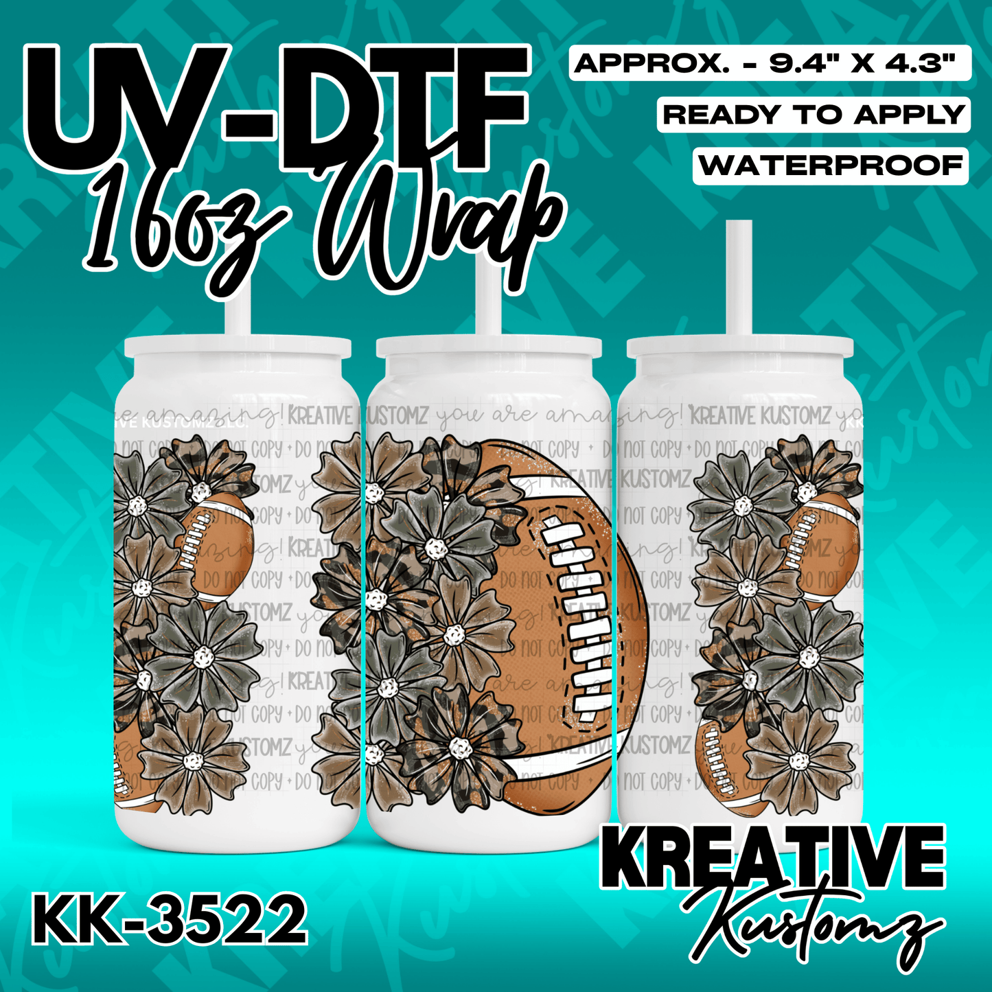 A floral and football themed adhesive wrap for a 16 ounce glass cup.