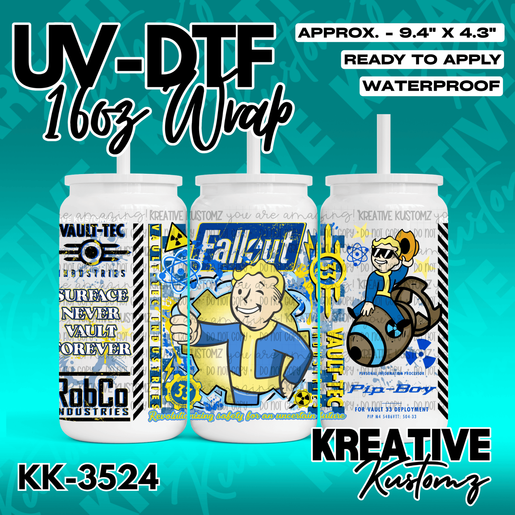 A Fallout themed UV DTF adhesive wrap for a 16oz glass can featuring Vault Boy graphics.