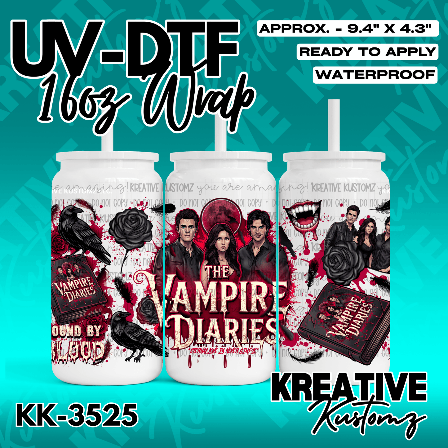 A Vampire Diaries themed UV DTF adhesive wrap for a 16oz glass can.
