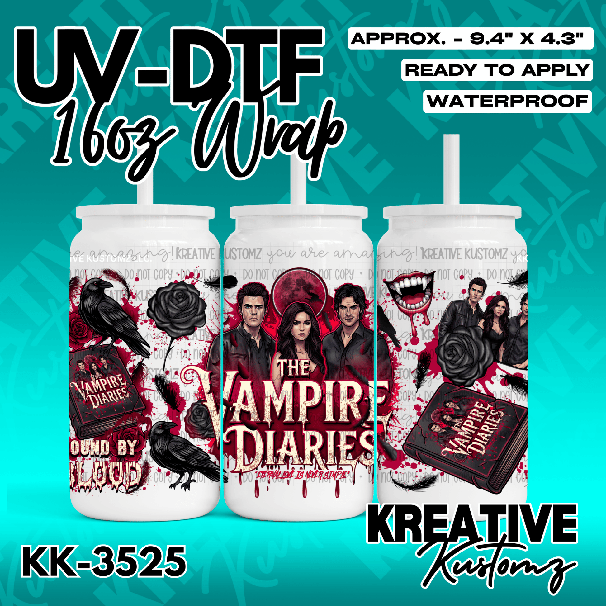 A Vampire Diaries themed UV DTF adhesive wrap for a 16oz glass can.