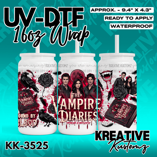 A Vampire Diaries themed UV DTF adhesive wrap for a 16oz glass can.