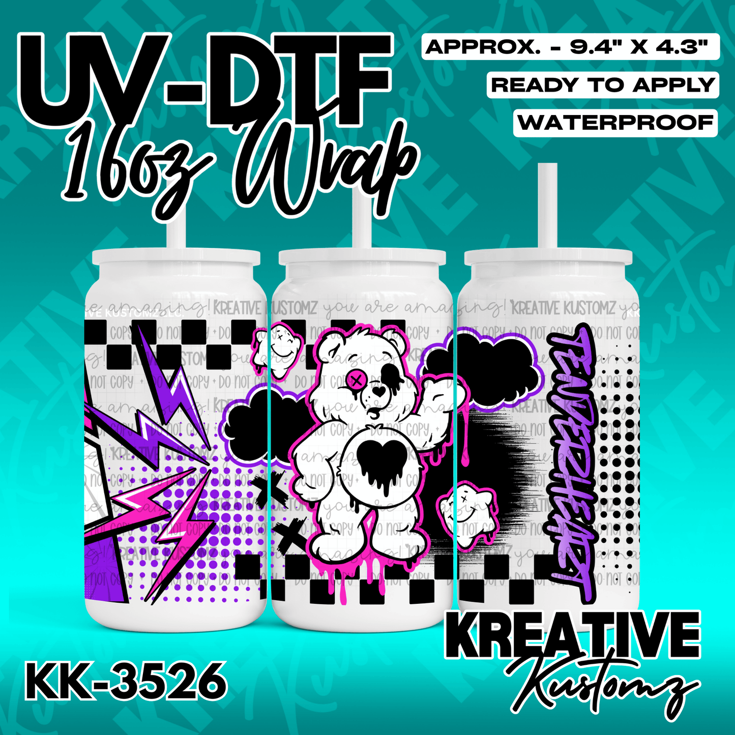 A UV DTF adhesive wrap for a 16oz glass cup featuring a black and pink bear and lightning design.