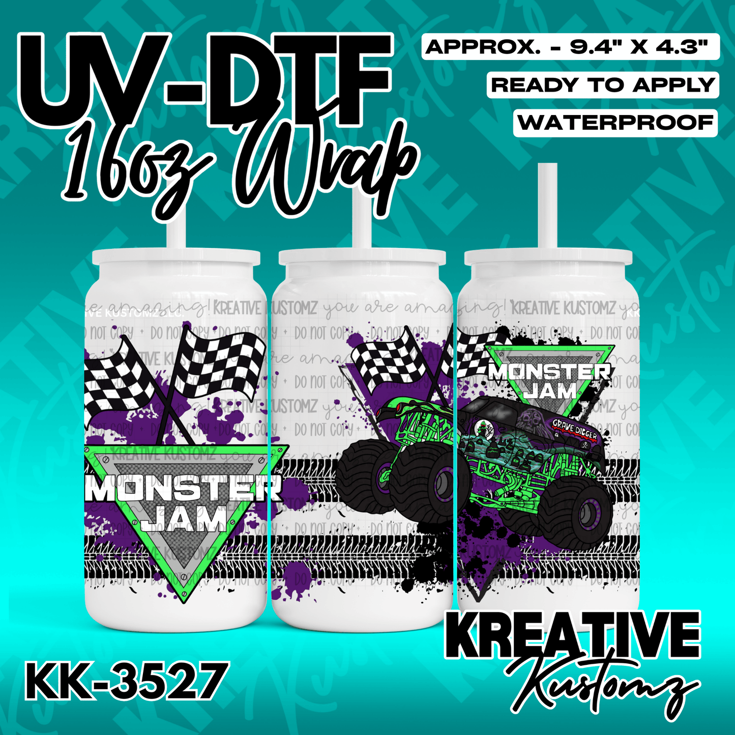 A Monster Jam themed UV DTF adhesive wrap for a 16oz glass can featuring Grave Digger graphics.