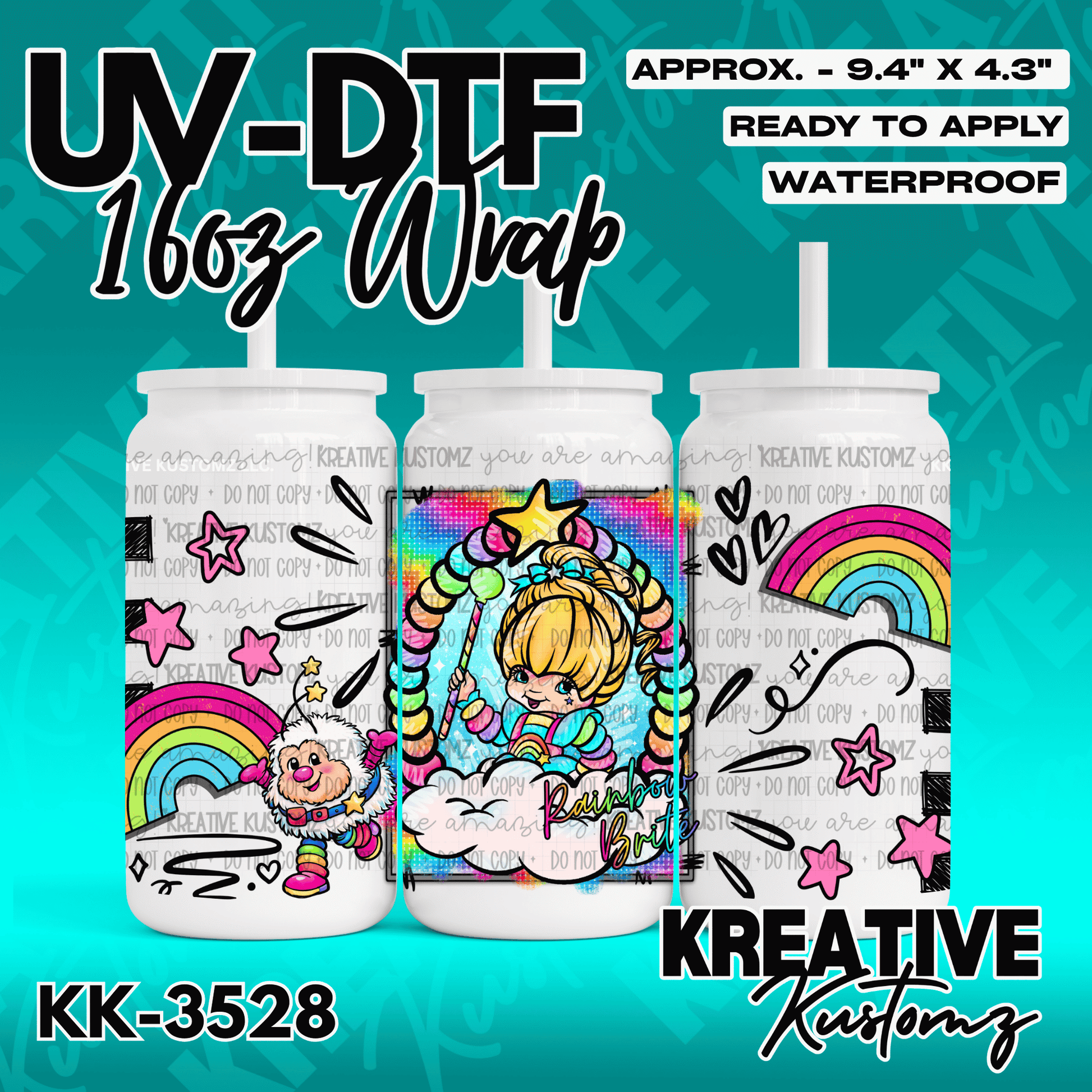 A UV DTF cup wrap featuring Rainbow Brite and colorful stars for a 16oz glass can.