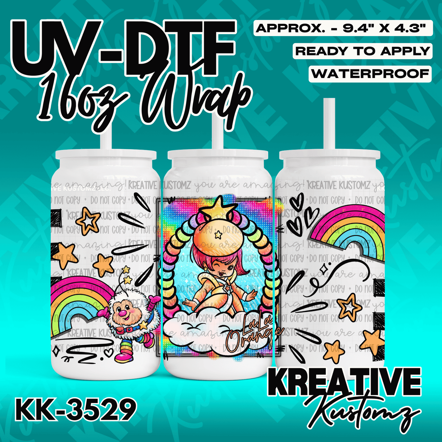 A colorful UV DTF wrap for a 16oz glass can featuring a cartoon character, rainbows, and stars.
