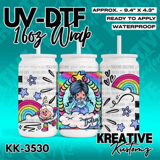 A UV DTF adhesive wrap for a 16oz glass cup featuring a colorful cartoon character and rainbow art.