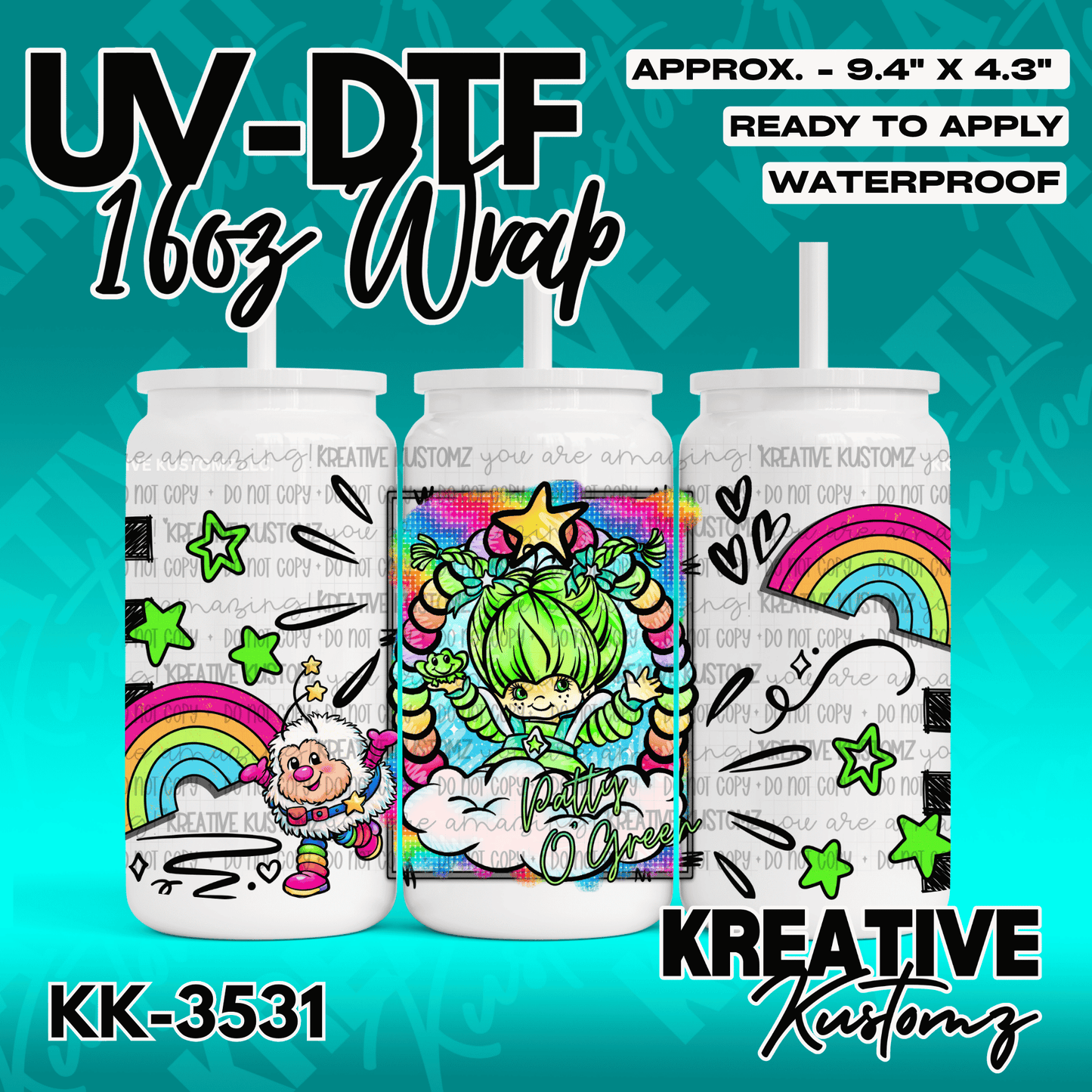 A colorful UV DTF cup wrap featuring a cartoon character, rainbows, and stars for a glass can.
