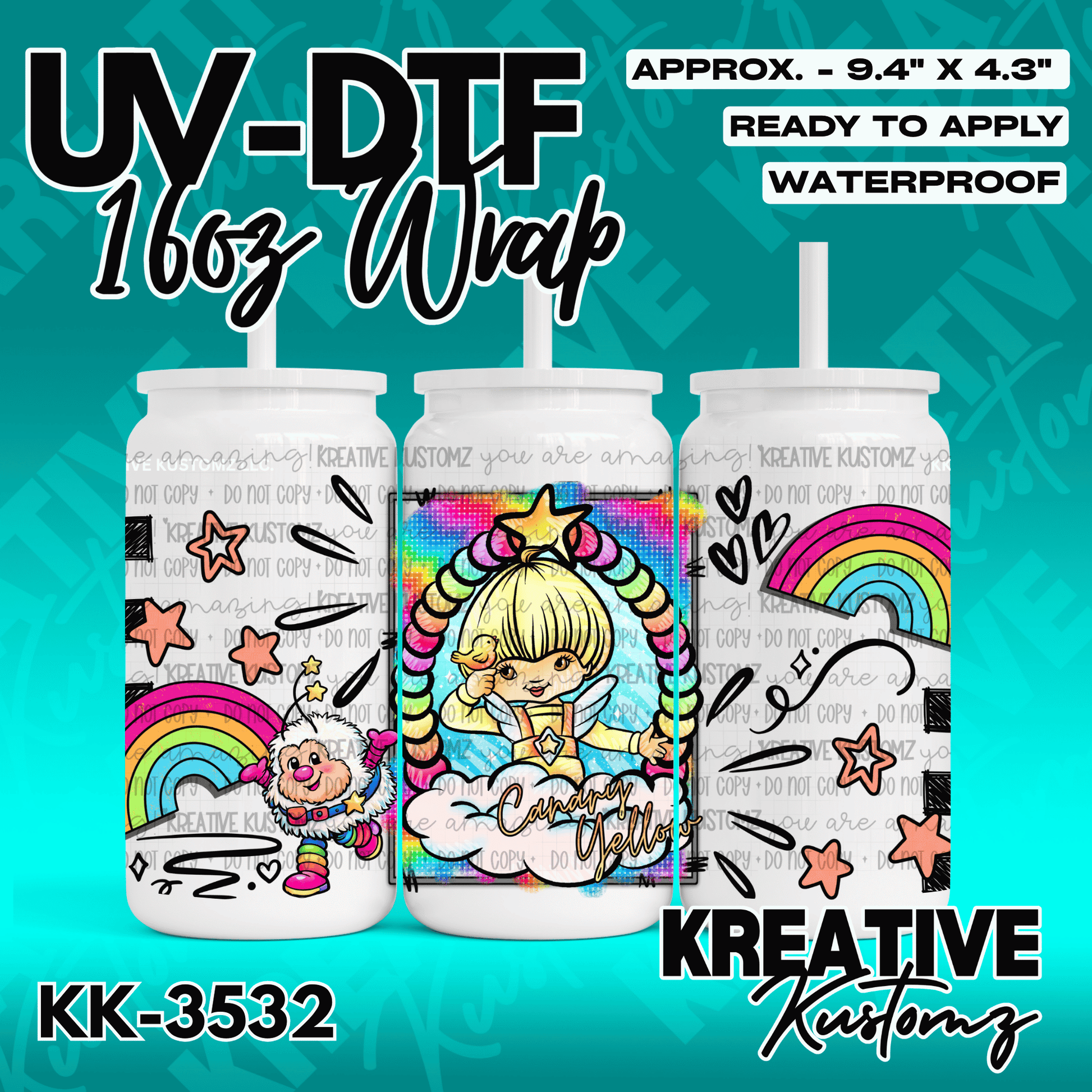 A colorful UV DTF adhesive wrap for a 16oz glass cup featuring a cartoon character and rainbows.