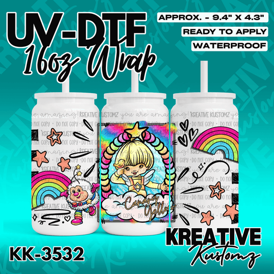 A colorful UV DTF adhesive wrap for a 16oz glass cup featuring a cartoon character and rainbows.