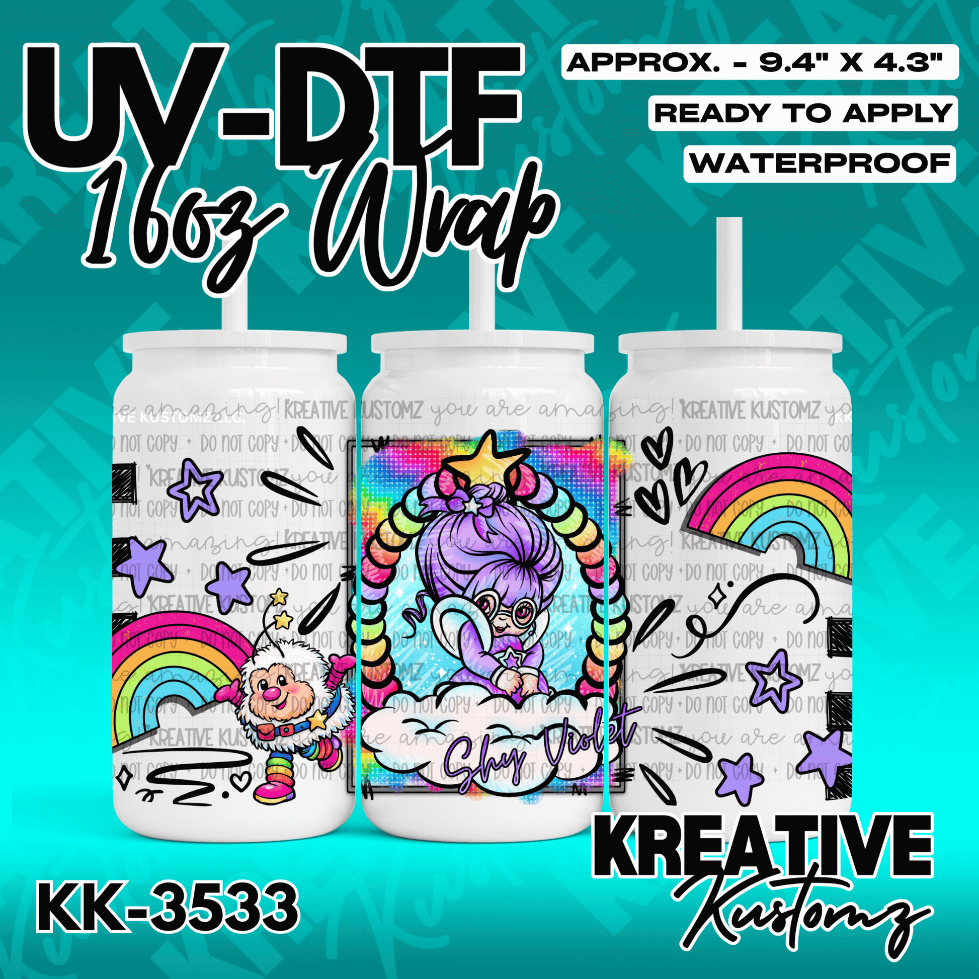 A colorful UV DTF wrap for a 16oz glass can featuring a cartoon character and rainbow designs.
