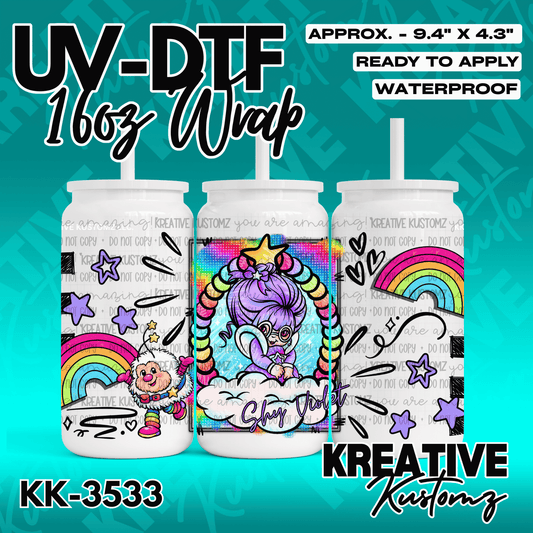 A colorful UV DTF wrap for a 16oz glass can featuring a cartoon character and rainbow designs.
