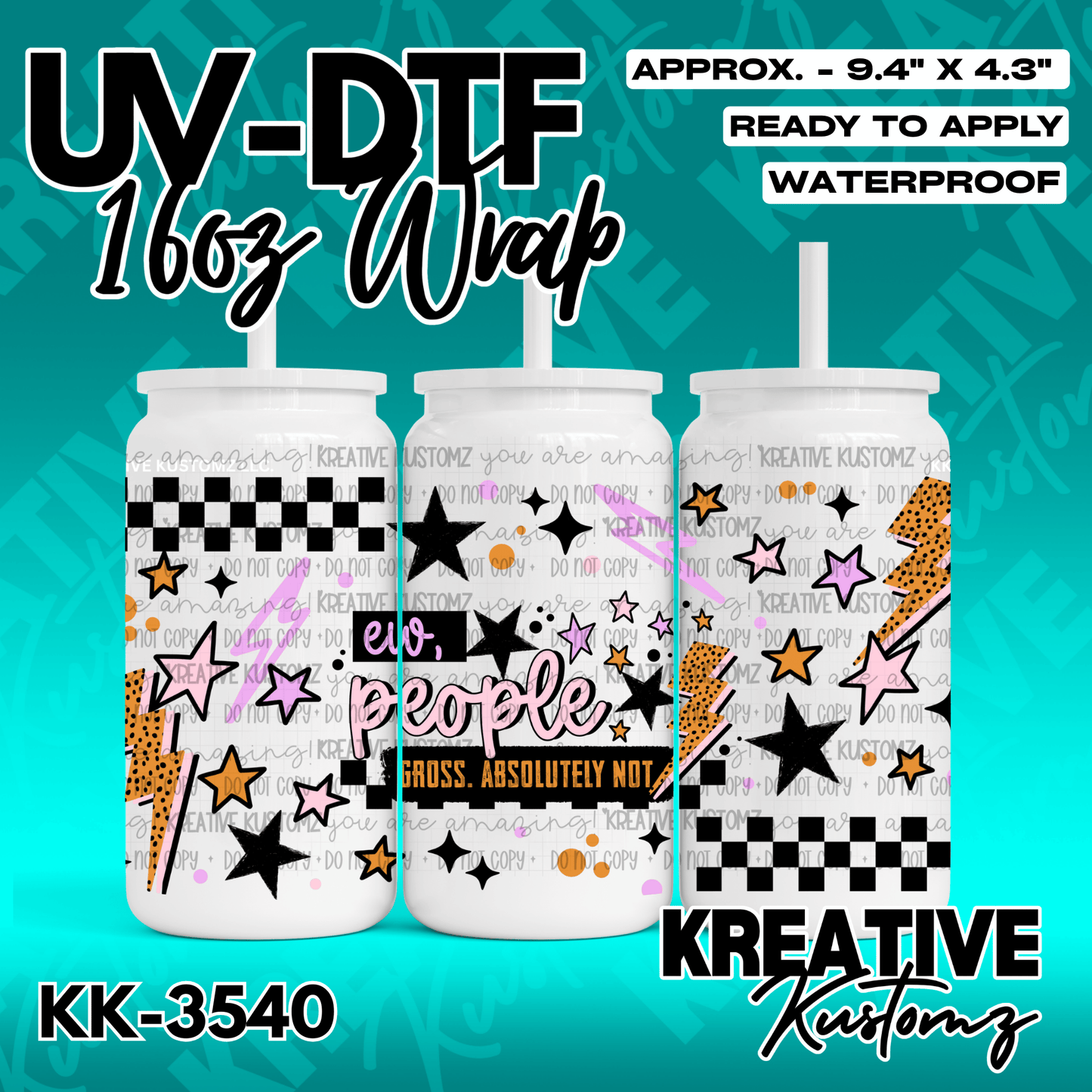 A UV DTF adhesive cup wrap featuring a black and pink design with stars, lightning, and text.