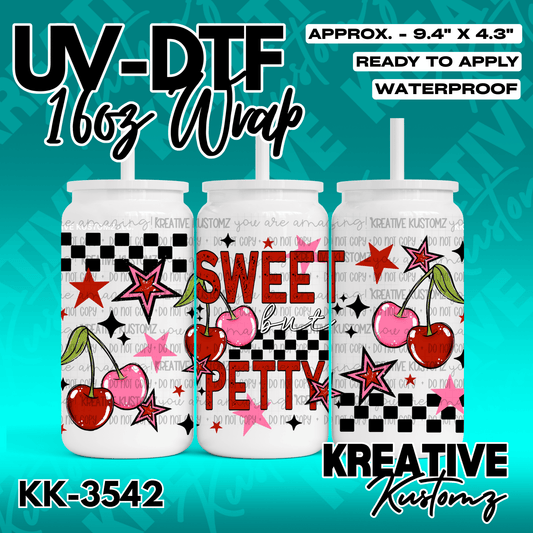 A UV DTF cup wrap featuring a cherry and star pattern with the text Sweet but Petty.