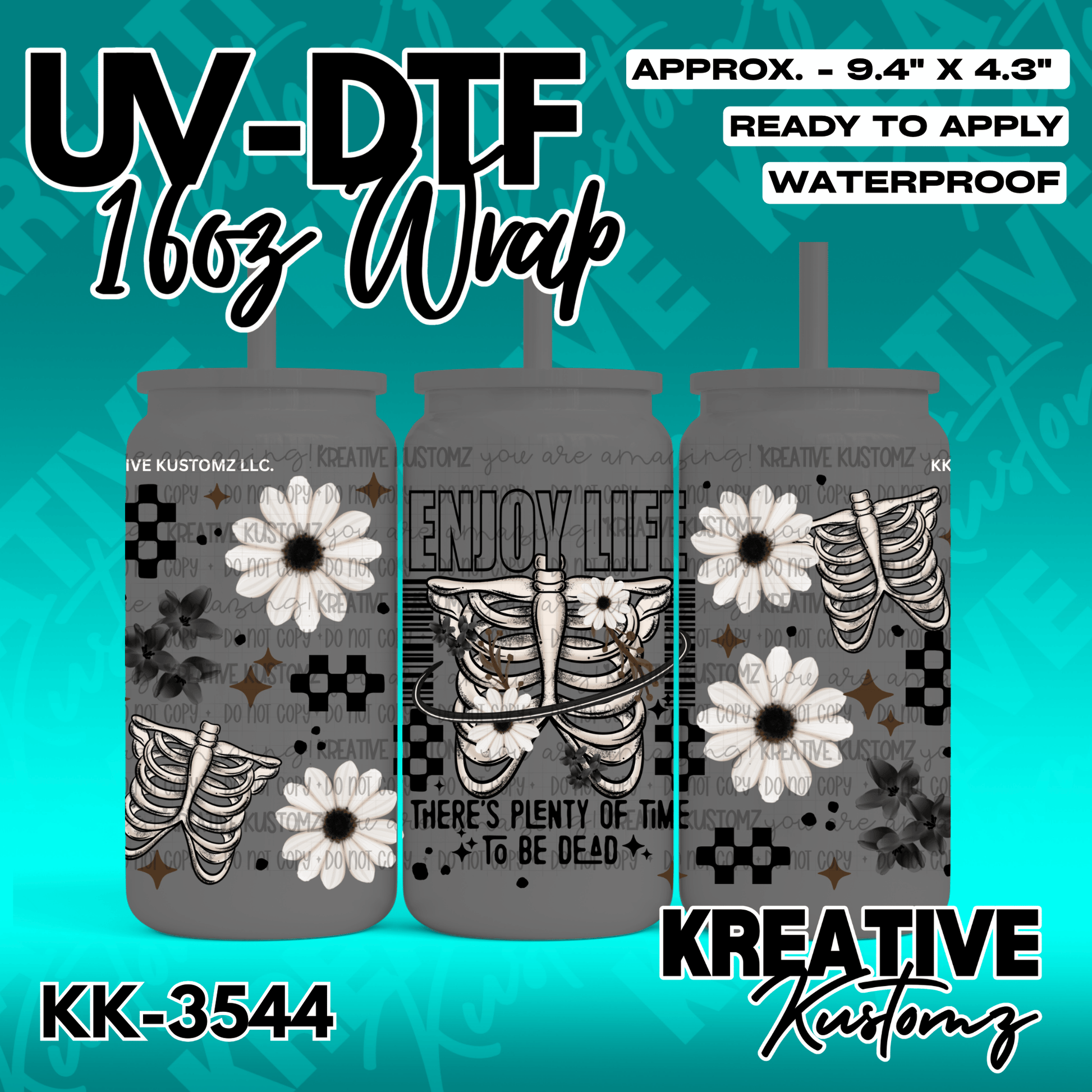 A UV DTF adhesive wrap for 16oz glass cans featuring a skeleton and floral design.