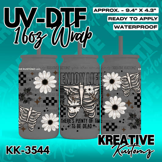 A UV DTF adhesive wrap for 16oz glass cans featuring a skeleton and floral design.