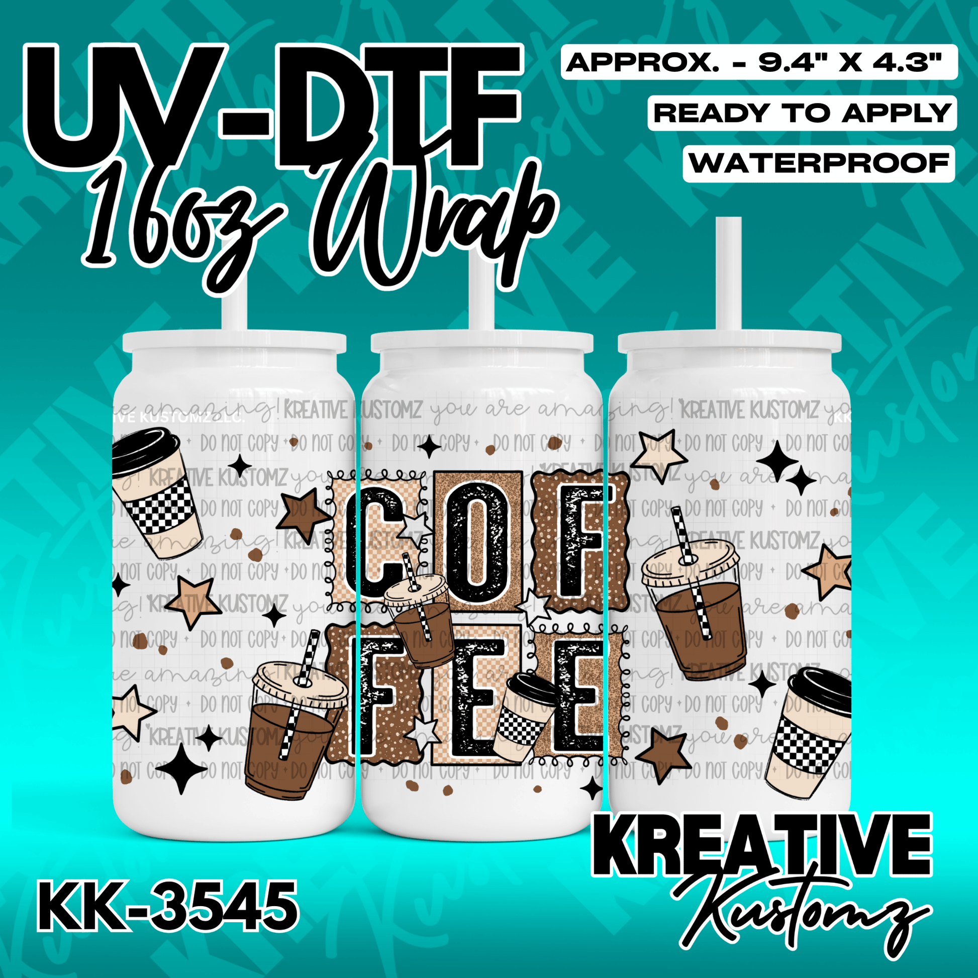 A coffee themed UV DTF adhesive wrap for a 16oz glass can featuring brown and black patterns.
