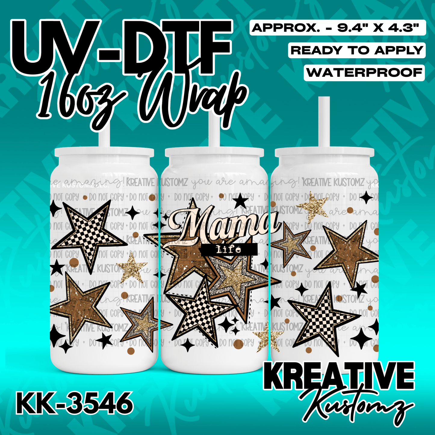 A UV DTF adhesive wrap for 16oz glass cans featuring a Mama Life design with gold and checkered stars.
