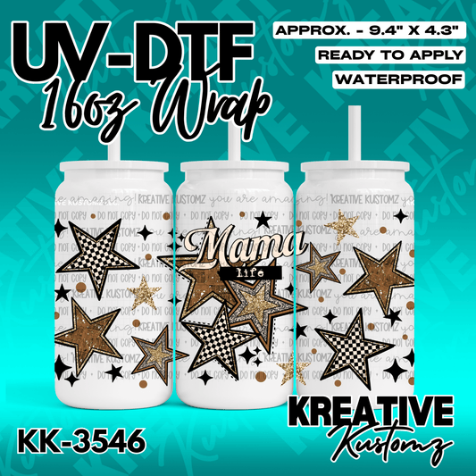 A UV DTF adhesive wrap for 16oz glass cans featuring a Mama Life design with gold and checkered stars.