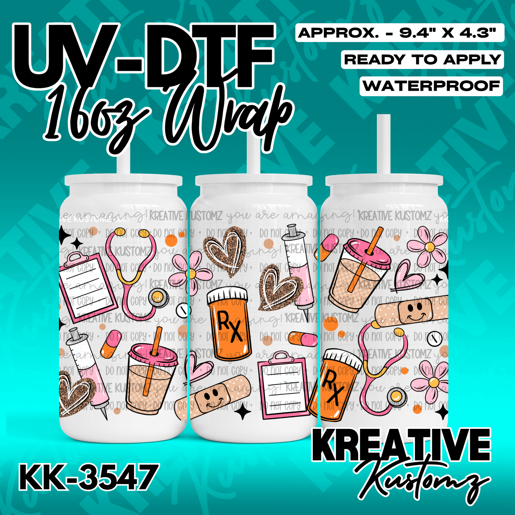 A medical-themed UV DTF adhesive wrap for 16oz glass cans featuring hearts, pills, and stethoscopes.