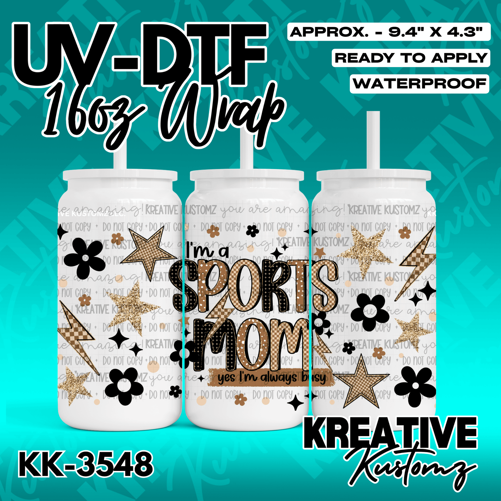 A UV DTF cup wrap featuring a sports mom design with stars, flowers, and lightning bolts.
