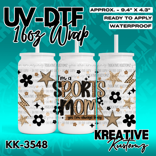 A UV DTF cup wrap featuring a sports mom design with stars, flowers, and lightning bolts.