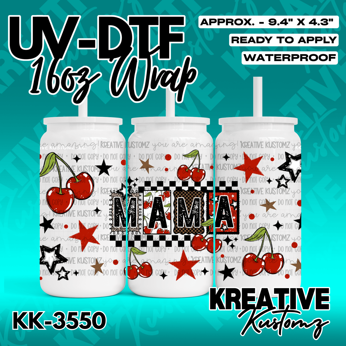 A UV DTF cup wrap featuring a cherry and star pattern with the word MAMA in the center.