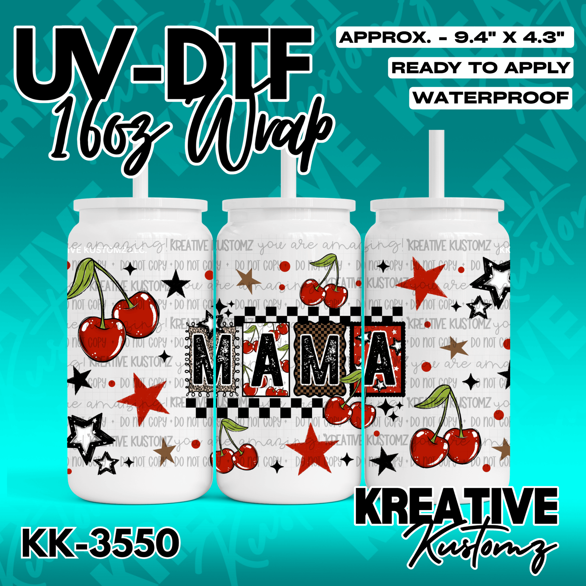 A UV DTF cup wrap featuring a cherry and star pattern with the word MAMA in the center.
