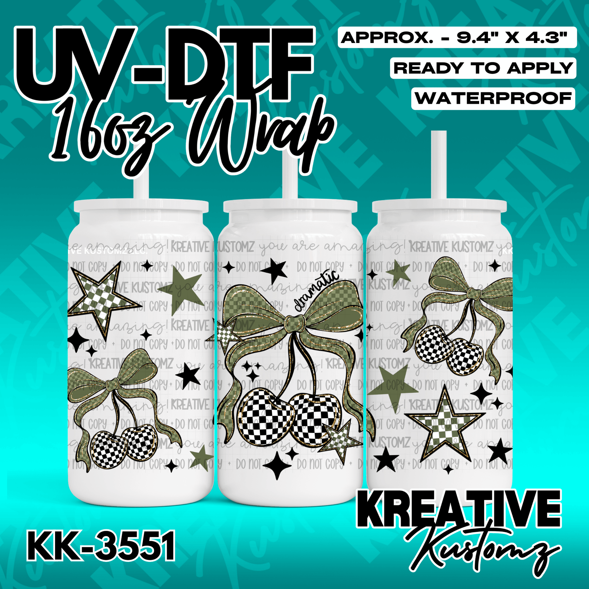 A UV DTF wrap for a 16oz glass cup featuring green checkered stars, bows, and cherries.
