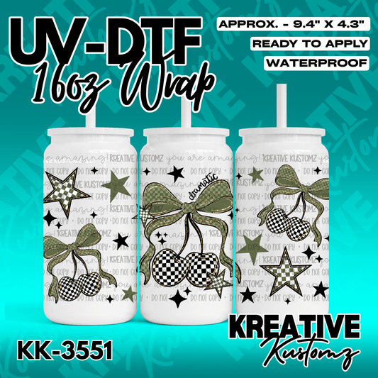 A UV DTF wrap for a 16oz glass cup featuring green checkered stars, bows, and cherries.
