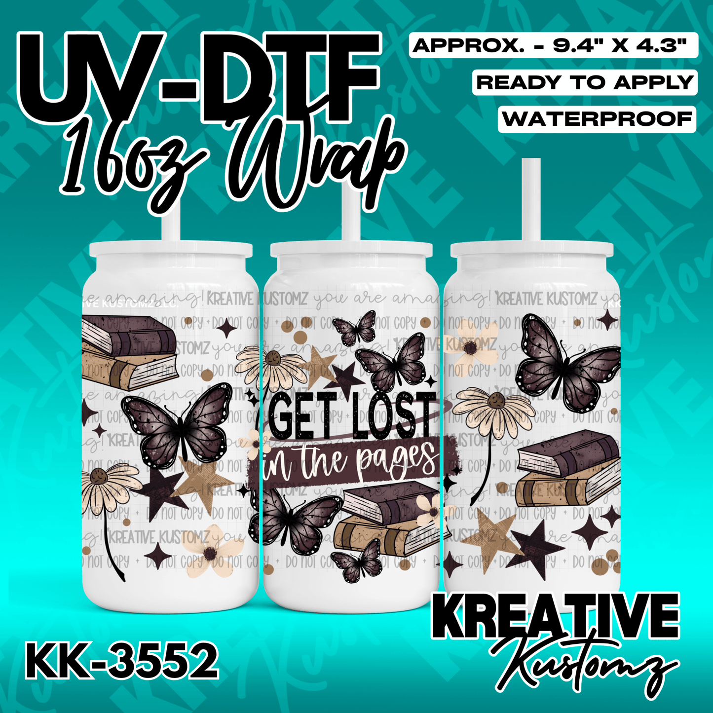 A UV DTF adhesive wrap for 16oz glass cans featuring a book and butterfly theme.
