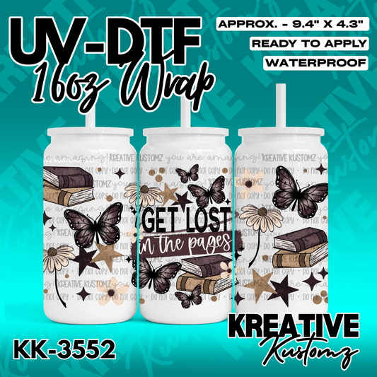 A UV DTF adhesive wrap for 16oz glass cans featuring a book and butterfly theme.